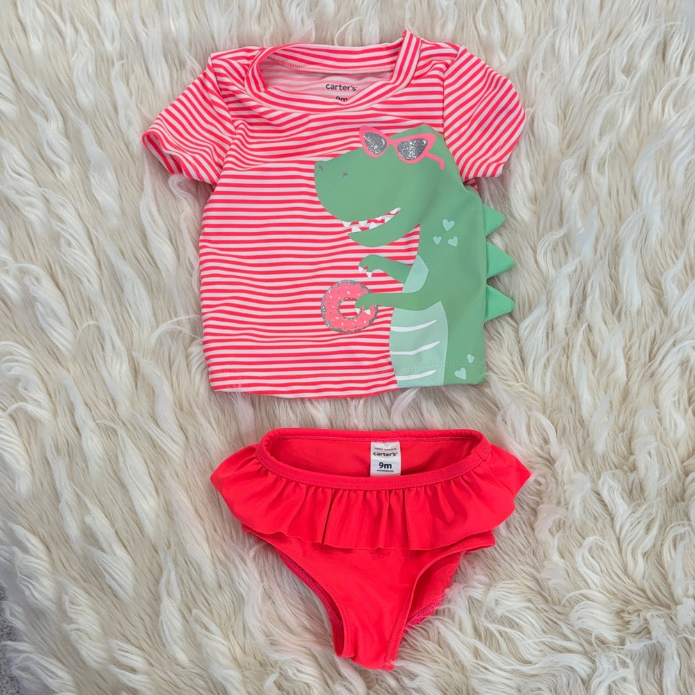 Carter's Red Striped Dinosaur bathing suit set